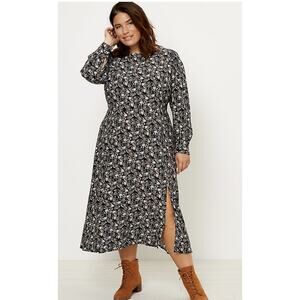 Ann Taylor LOFT Floral Midi Dress WMNS 2 Black Puff Sleeve High Neck Zip Slit LS